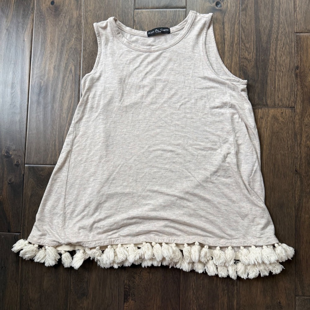 Kim & Cami Tank Top Women XS Oatmeal Excellent Tassel Fringe Boho Sleeveless